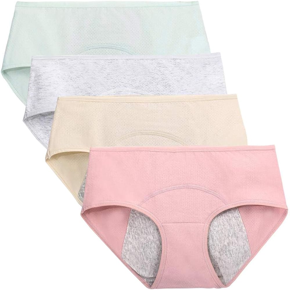 Teenager Girl's Breathable Cotton Period Panties Pack of 4pcs Menstrual Heavy Flow Leak-Proof Underwear Briefs