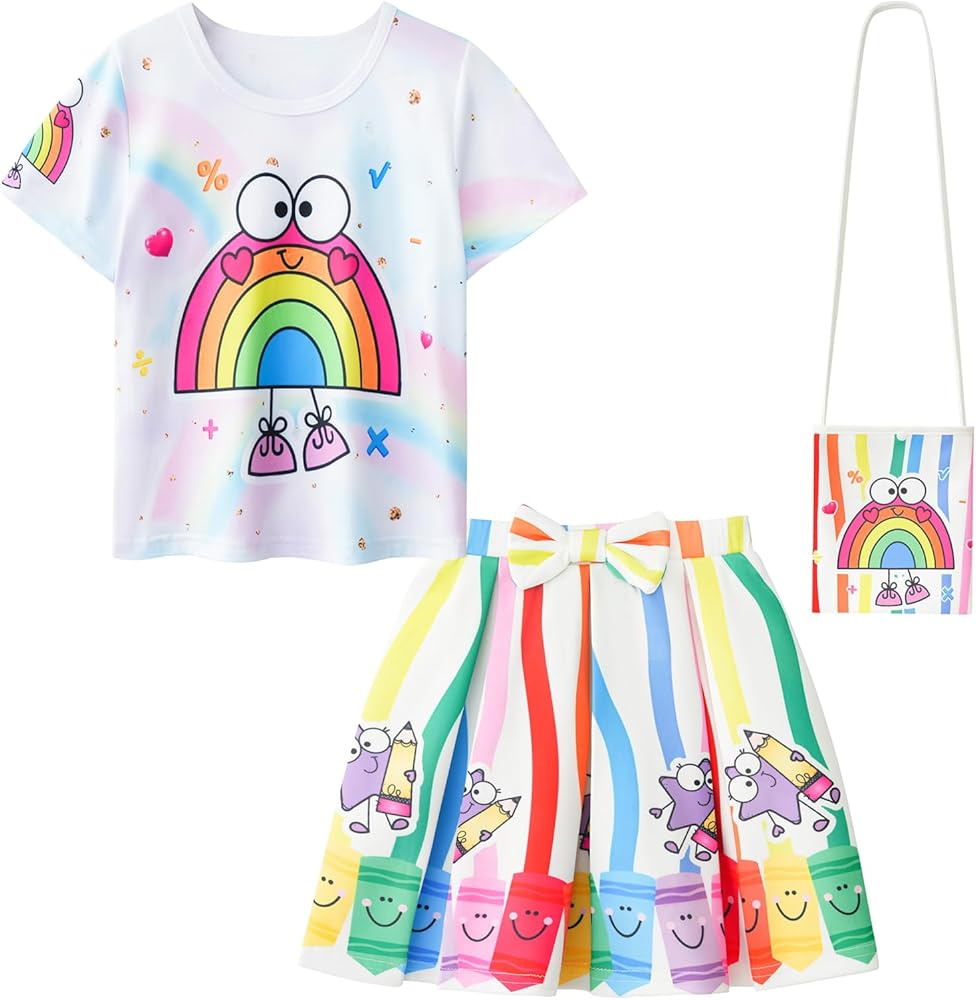 LQSZ Girls Dress Sets Back to School Rainbow T-Shirt Tutu Skirts and Bag 3 Piece Outfit Set Toddler Girl 2-12 Years