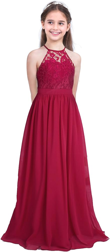 Jelory Kids Girls Halter Neck Junior Bridesmaid Dress Lace Chiffon Long Wedding Dress Prom Party Maxi Gown