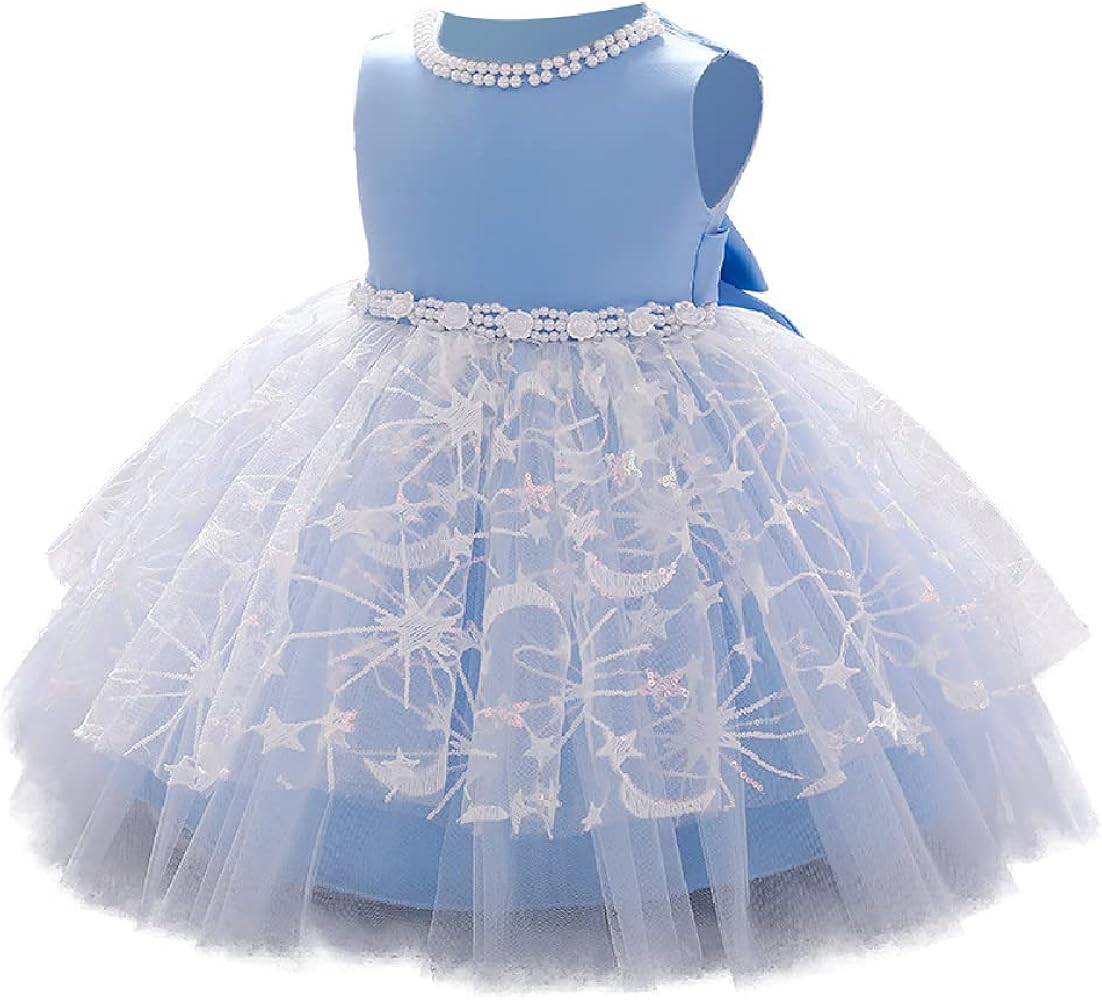 Quenny Children's Bow lace one-Year-Old Dresses,Girls' Short-Sleeved Puffy mesh Printed Princess Dresses.