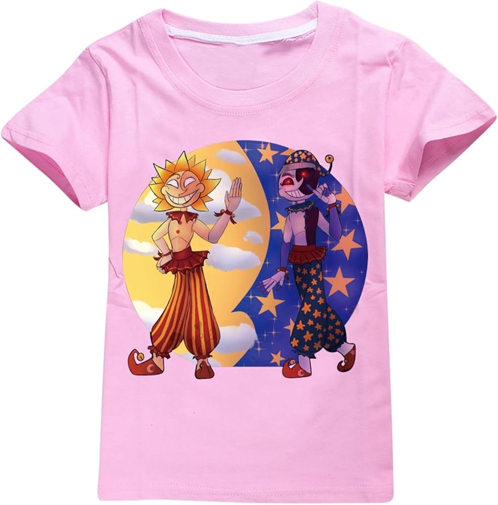 Boys Girls Sundorp&Moondrop Round Neck Tees Shirts Short Sleeve Pullover Tops Trendy Graphic Blouses for Summer Pink