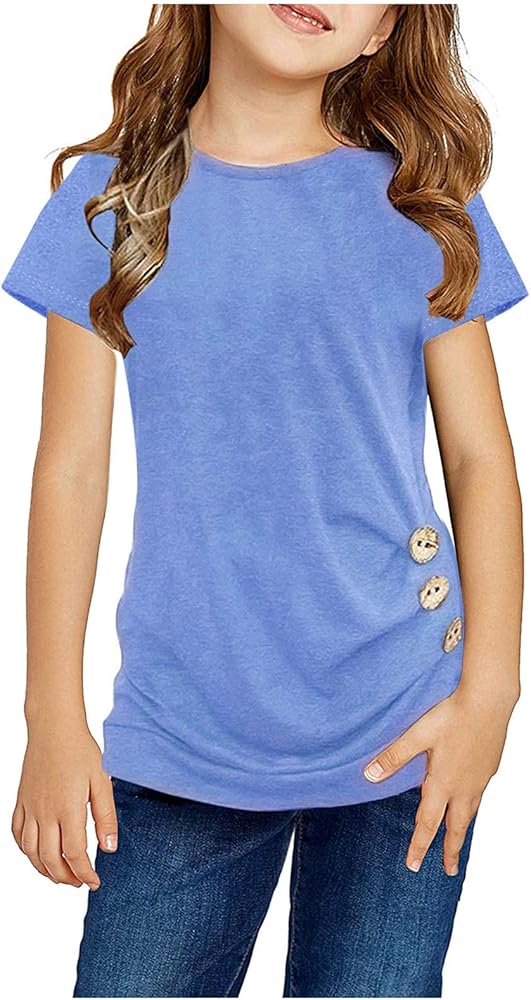 Knot Tunic Button Short Girls Sleeve Tshirt Casual Tops Front Blouse Tee Kids Girls Tops Tunic (Blue, 12-13 Years)