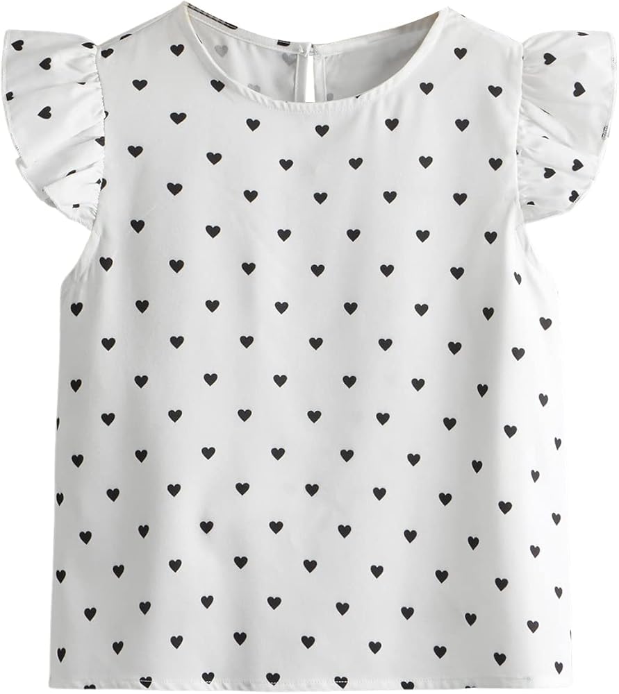 Milumia Girl's Cute Heart Printed Ruffle Trim Sleeveless Keyhole Button Blouse Tops