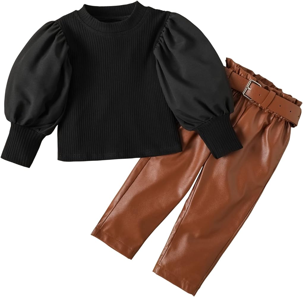 DONWEN Toddler Girl Clothes Puff Sleeve Tops + Leather Pants 2Pcs Fall Outfits for Girls Fashion Clothing Set