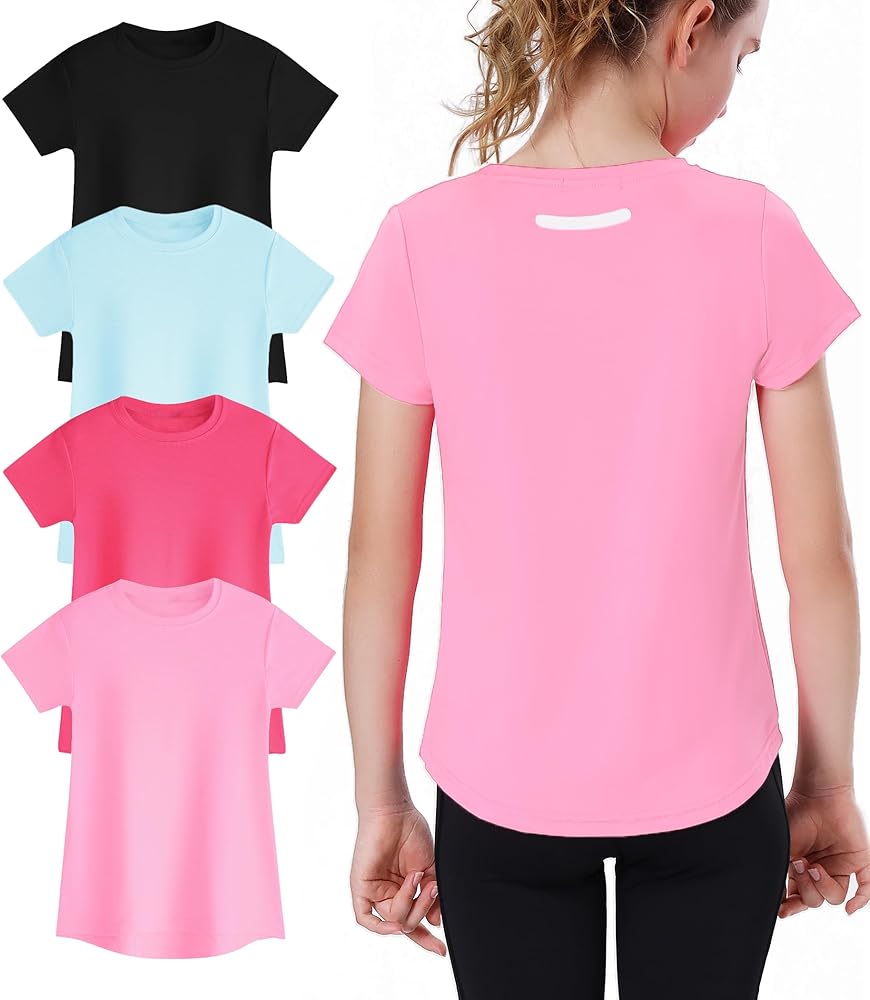 EXARUS 4 Pack Girls Athletic Shirts Quick Dry Short Sleeve Tshirts Crewneck Tee Workout Activewear Tops for Kids 8-16Y