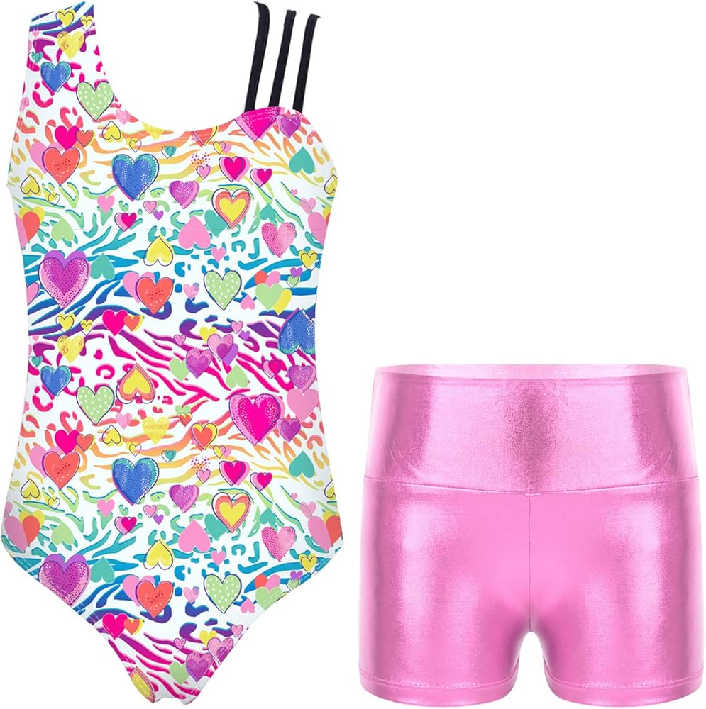 Kids Girls 2Pcs Yoga Dance Outfit Gymnastics Leotard with Metallic Shorts Set Tracksuit Sportswear