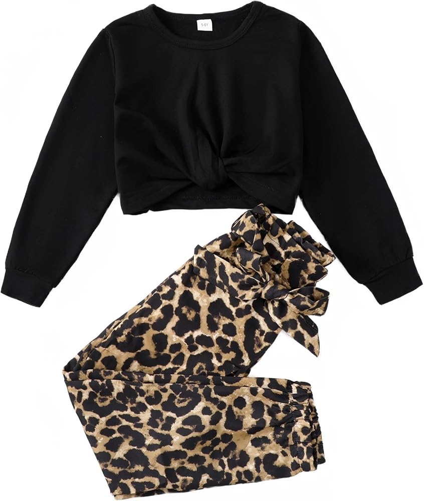 Girls Clothes Kids Sweatsuit 2 Piece Outfits Long Sleeve Sweatshirt Crop Top Leopard Sweatpants Girls' Clothing Set