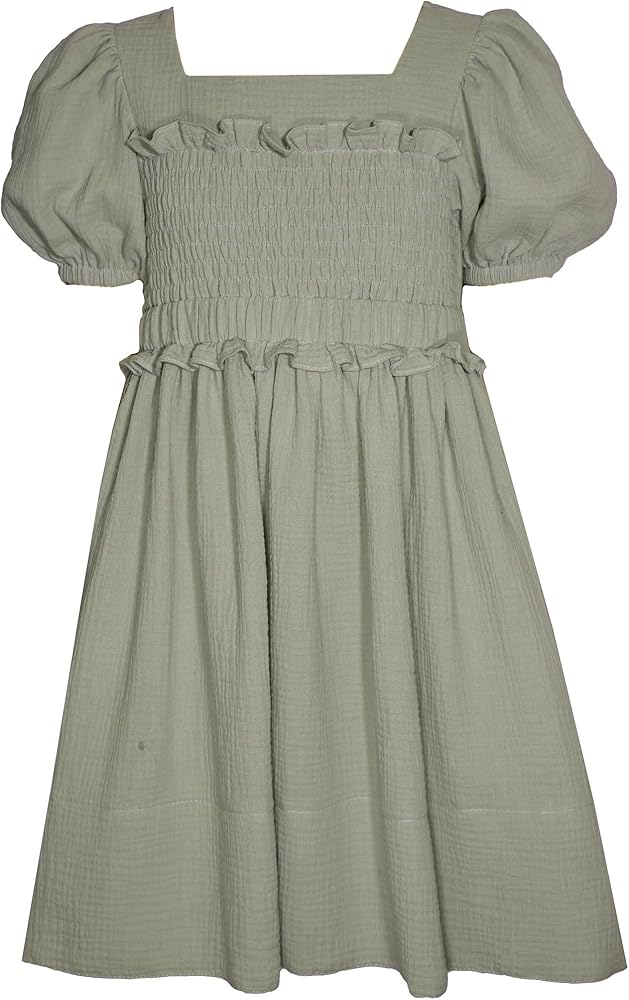 Bonnie Jean Tween Girls Puff Sleeved Smocked Gauze Dress for Back to School, Spring, and Summer