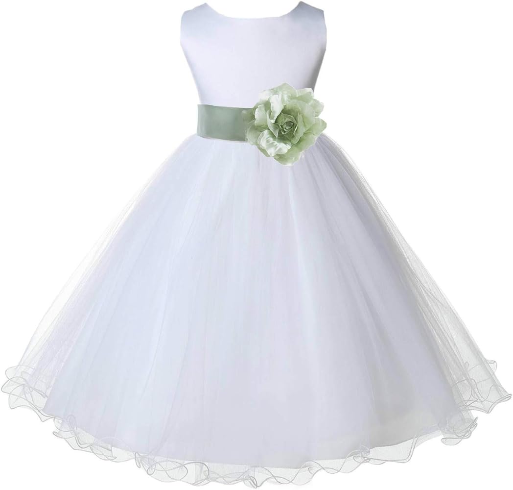 Wedding Pageant White Flower Girl Rattail Edge Tulle Dress