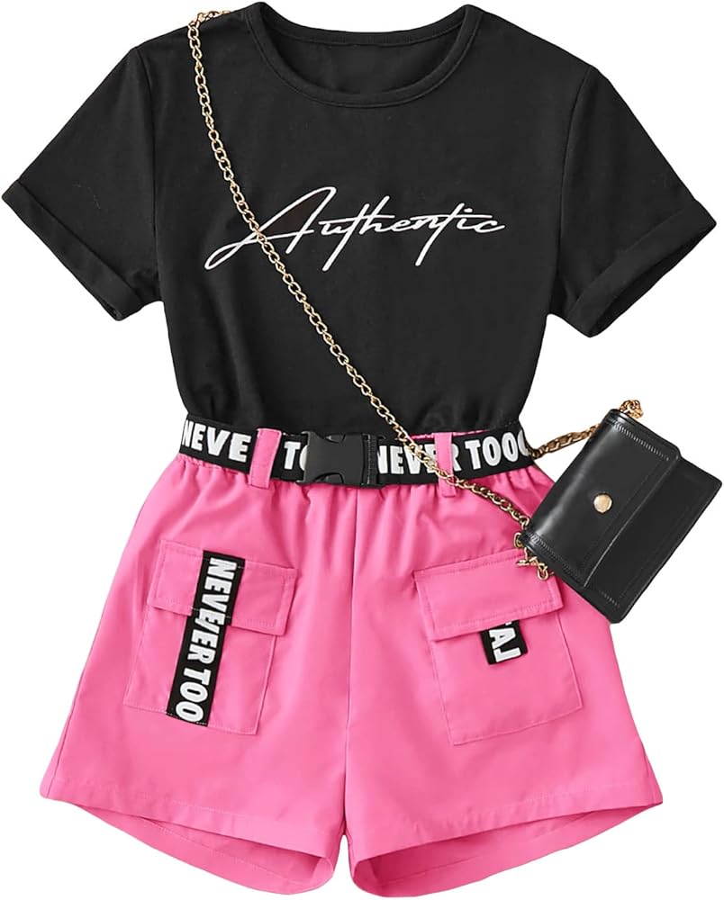 OYOANGLE Girl's 2 Piece Outfits Letter Graphic Round Neck Tee Shirt and Buckle Belted Shorts Set