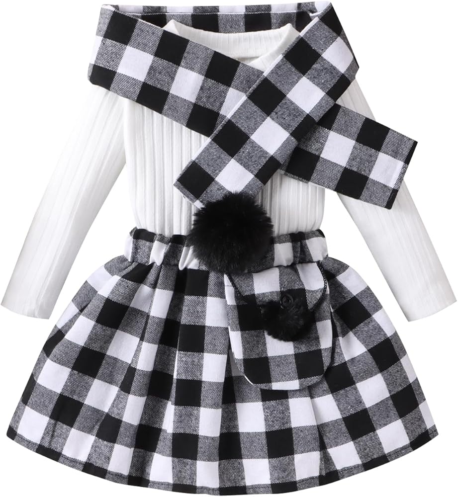 Luckinbaby Christmas Kids Girls Fall Outfits Solid Color Ribbed Long Sleeve T-Shirts Tops Plaid Skirts Scarf Clothes Set