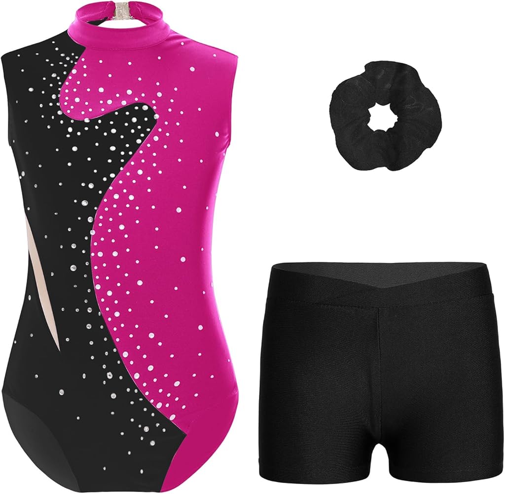 Kids Girls Sleeveless Shiny Rhinestone Gymnastics Leotard with Athletic Shorts Tracksuit Set Dancewear