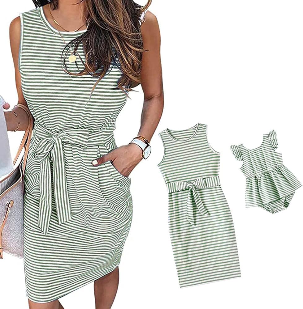 IFFEI Mommy and Me Dresses Womens Summer Sleeveless Striped Girls Dress Casual Tie Waist Mini Matching Family Dresses