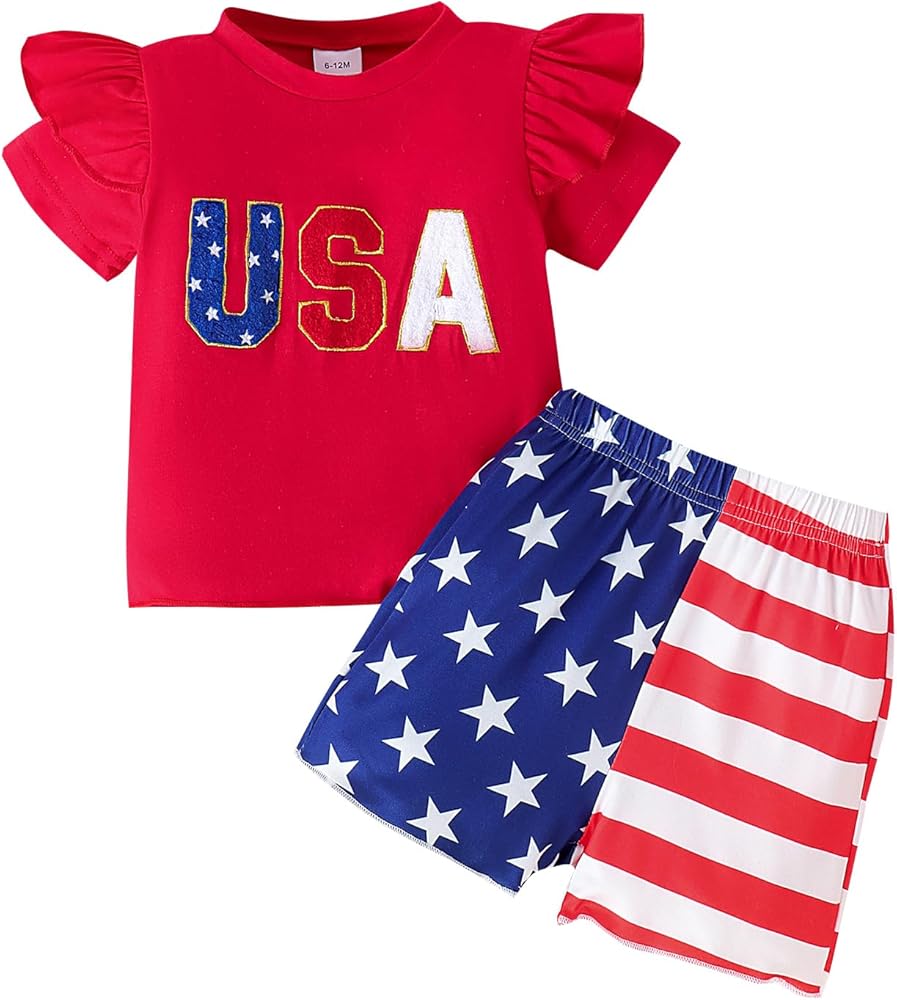 Independence Day Short Sleeve Shirt Toddler Girl Summer Stars Stripes Clothes Kids 4th of July Outfit Sets