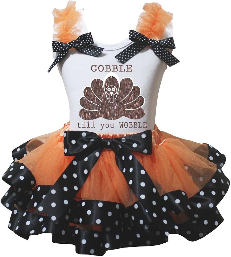 Petitebella Bling Turkey White Shirt Dots Black Orange Petal Skirt Nb-8y