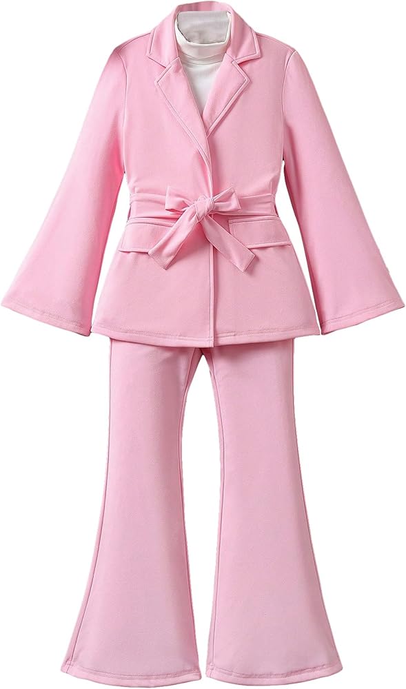 WDIRARA Girl's 2 Piece Outfits Bell Long Sleeve Flap Pocket Belted Blazer and Flare Leg Pants Set