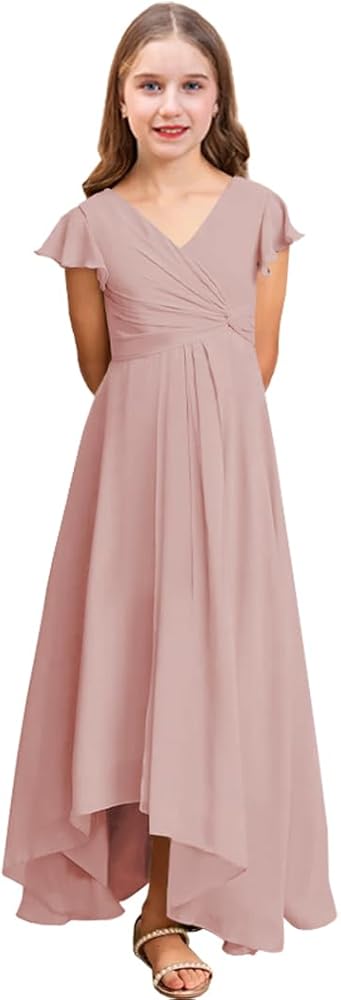 Junior Bridesmaid Dresses for Wedding Asymmetrical Chiffon Flower Girl Dresses for Teen Girls PT140