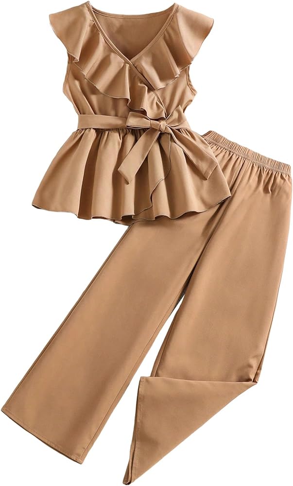 Floerns Girl's 2 Piece Outfit Ruffle Trim Belted Blouse Top Wide Leg Pants Set Brown 11-12Y