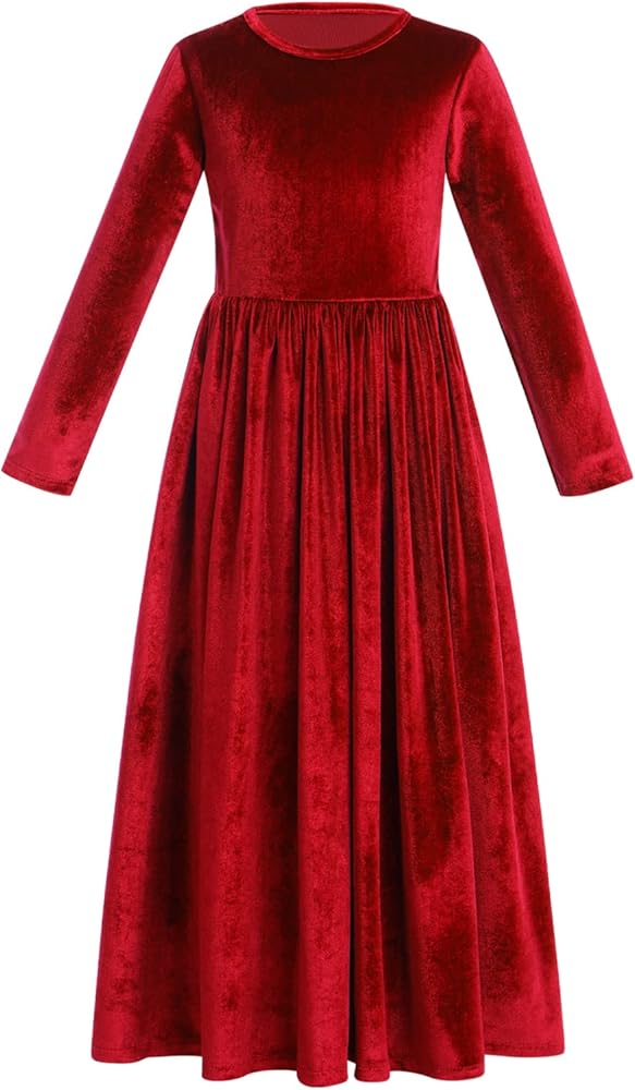 IWEMEK Girls Vintage Velvet Dress with Pockets Long Sleeve Casual Dress Bridesmaid Performance Christmas Pageant Maxi Gown