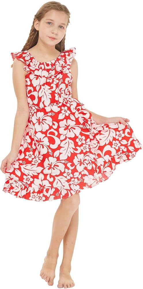 Girl Luau Wrap Ruffle Dress in Classic Red Hibiscus