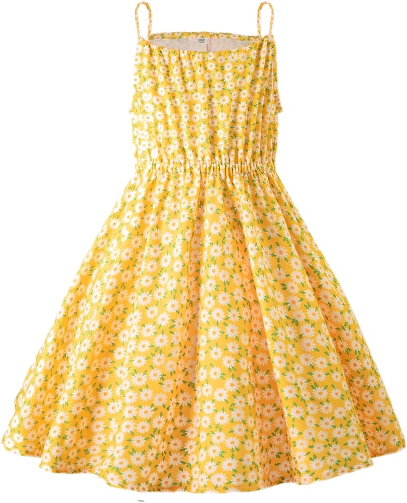 HILEELANG Little Girls Summer Hawaiian Dress Slip Spaghetti Strap Cold Shoulder Sleeveless Yellow Daisy Floral A-line Beach Sundress 5T