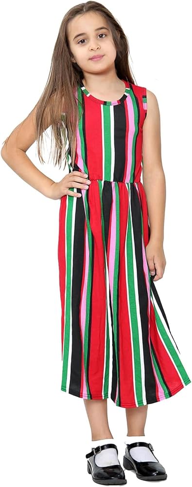 Kids Girls Maxi Dress Sleeveless Multi Stripes Fashion Summer Long Skater Dress