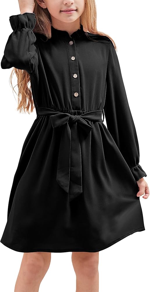 Girls Dress Black Ruffle Collar Button-Down Long Sleeve Swing Girls Dresses Size 5-6