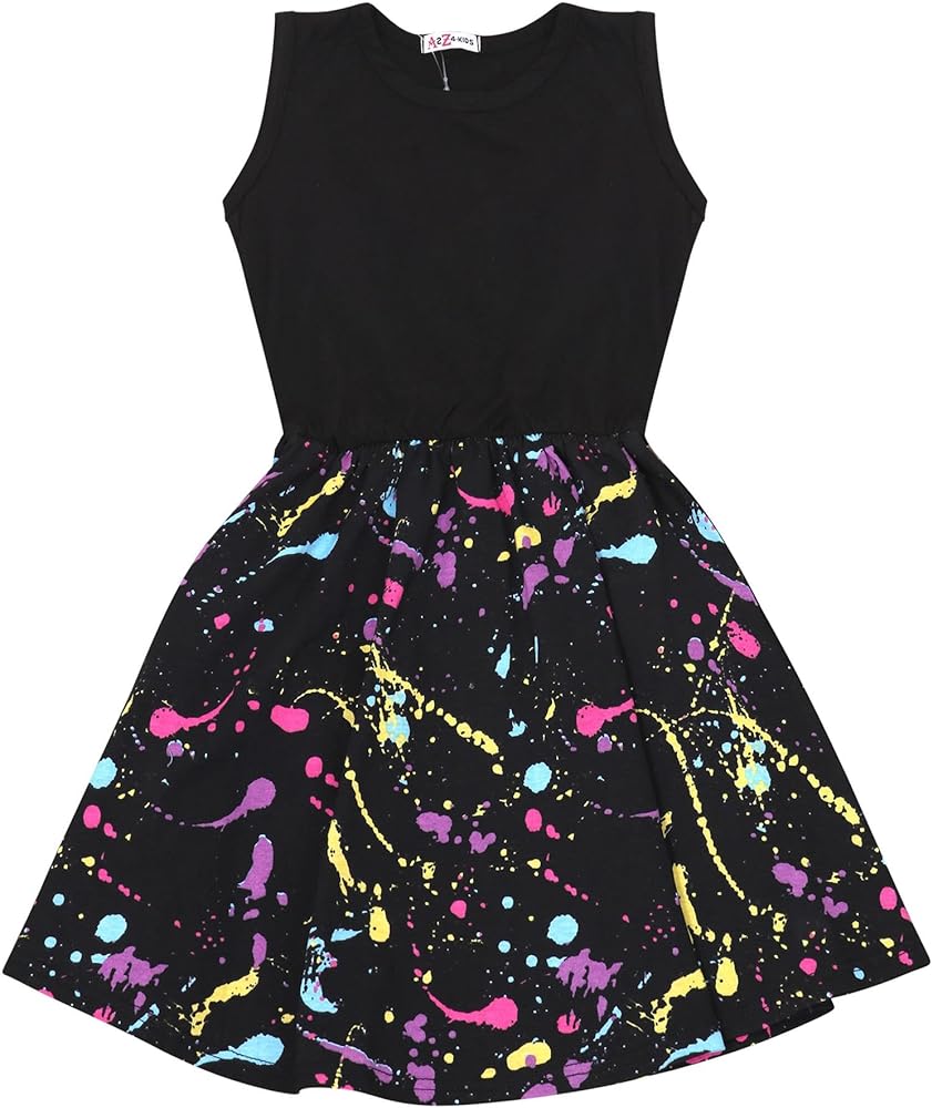 Kids Girls Panel Skater Dress Pastel Splash Print Fashion Party Dance Dresses