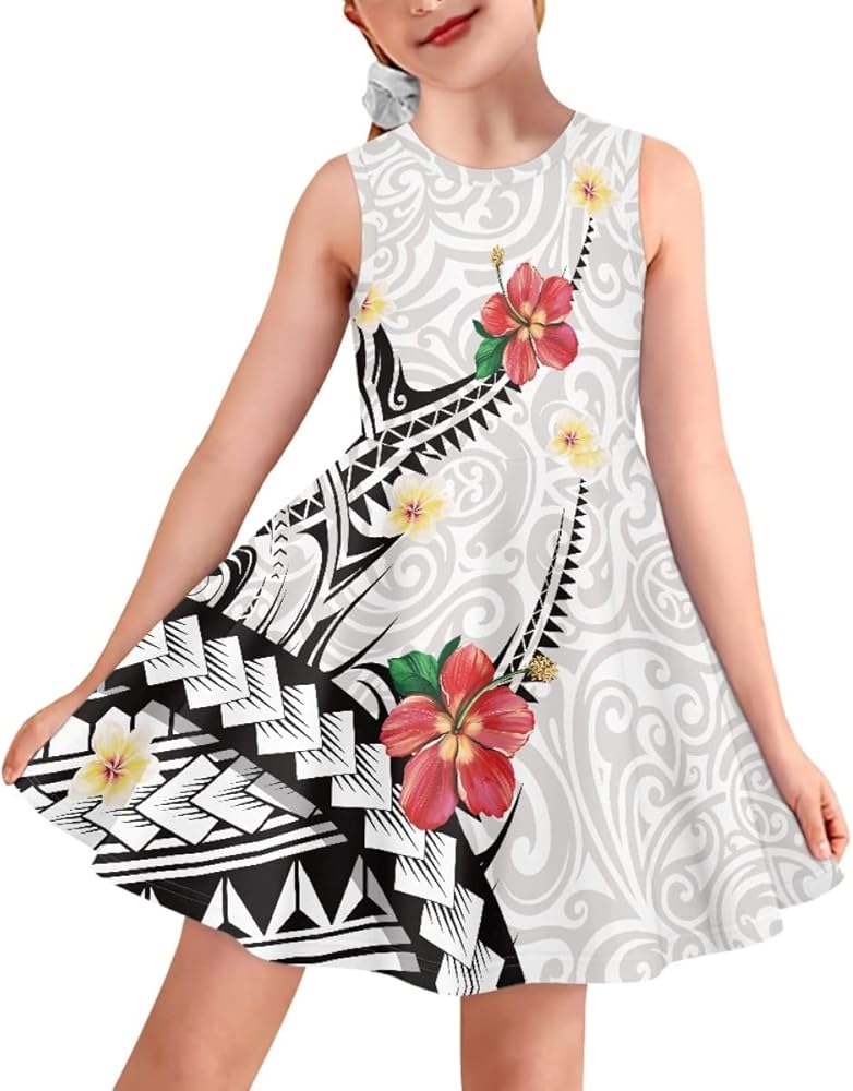 Girls Polynesian Plumeria Printed Tank Dress Summer Beach Party Sleeveless Hawaii Sundress 3-16 Years