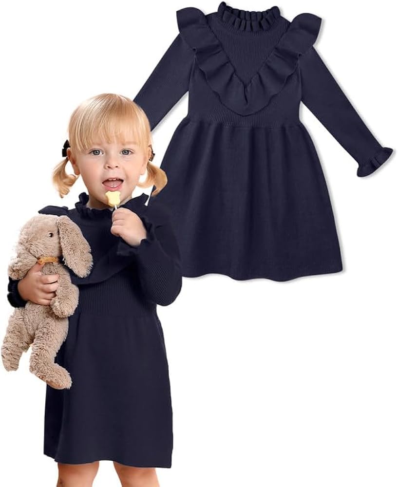 BesserBay Toddler Girls Warm Ruffle Trim Ribbed Knit Sweater Dress for 6M-6Y