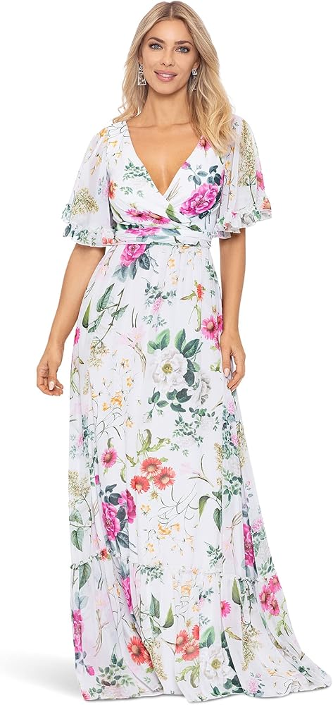 Betsy & Adam girls Long Floral Flare Sleeve Dress