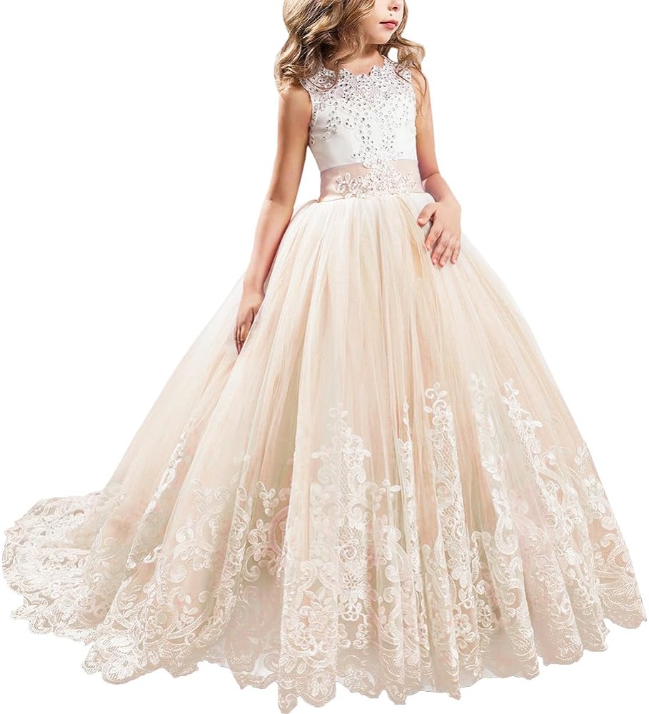 Girls Flower Lace Princess Communion Tulle Dress Long Pageant Gown Floor Length Prom Wedding Evening Formal Party