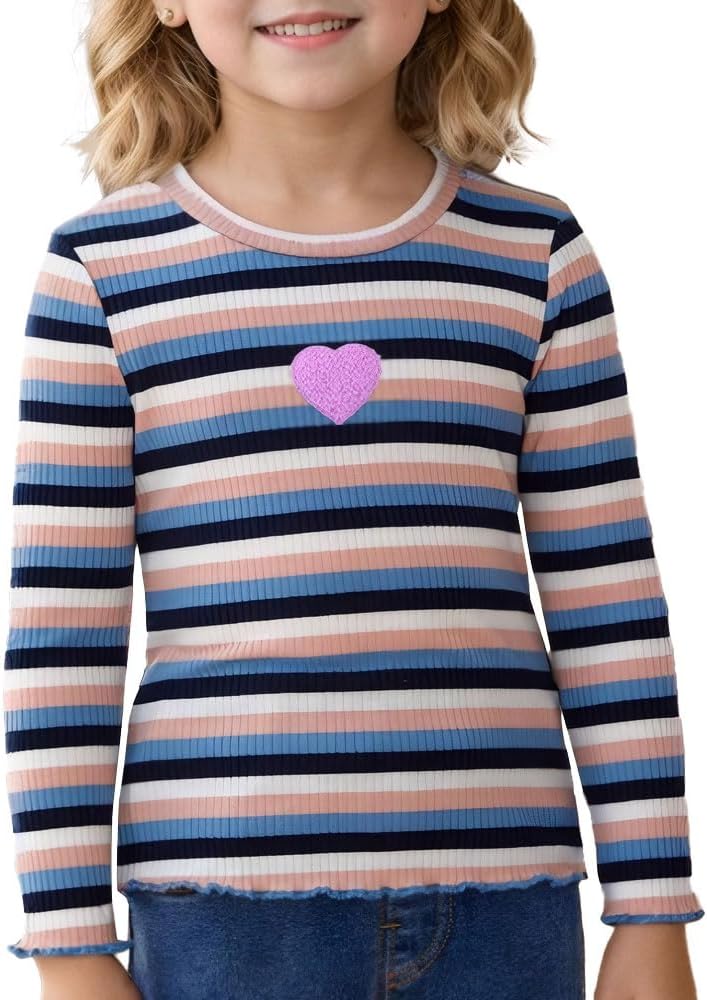 OPAWO Girls Long Sleeve Shirts Ribbed Knit Lettuce Trim Tee Shirt Tops, Little Girl Striped Blouse Undershirts Size 3-7 Years