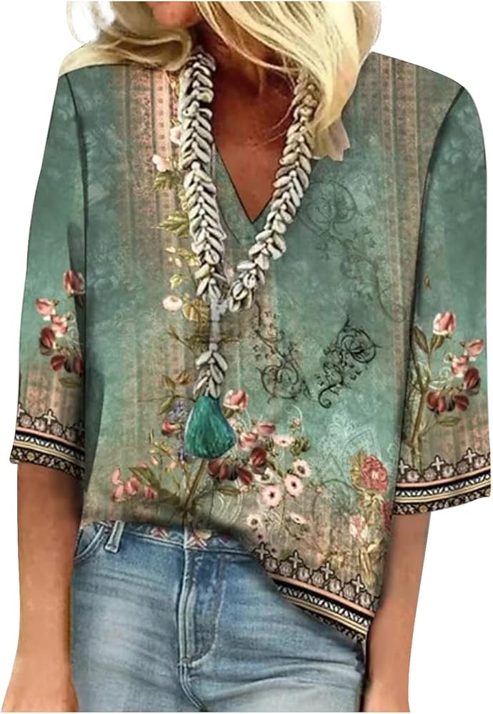 ChicCrate Womens Tops Fall 2023 3/4 Length Sleeve Blouses Dressy Casual V Neck Shirts Oversized Tshirts Basic Floral Graphic Tees Concert Outfits Teen Girl Gifts Orders Placed by Me(8-Green,Medium)