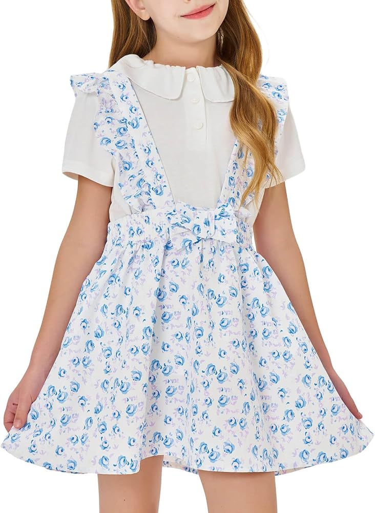 Batermoon Girls Summer 2 Piece Outfits Short Sleeve Ruffle T-Shirts Bowknot Floral Print Suspender Skirt Sets