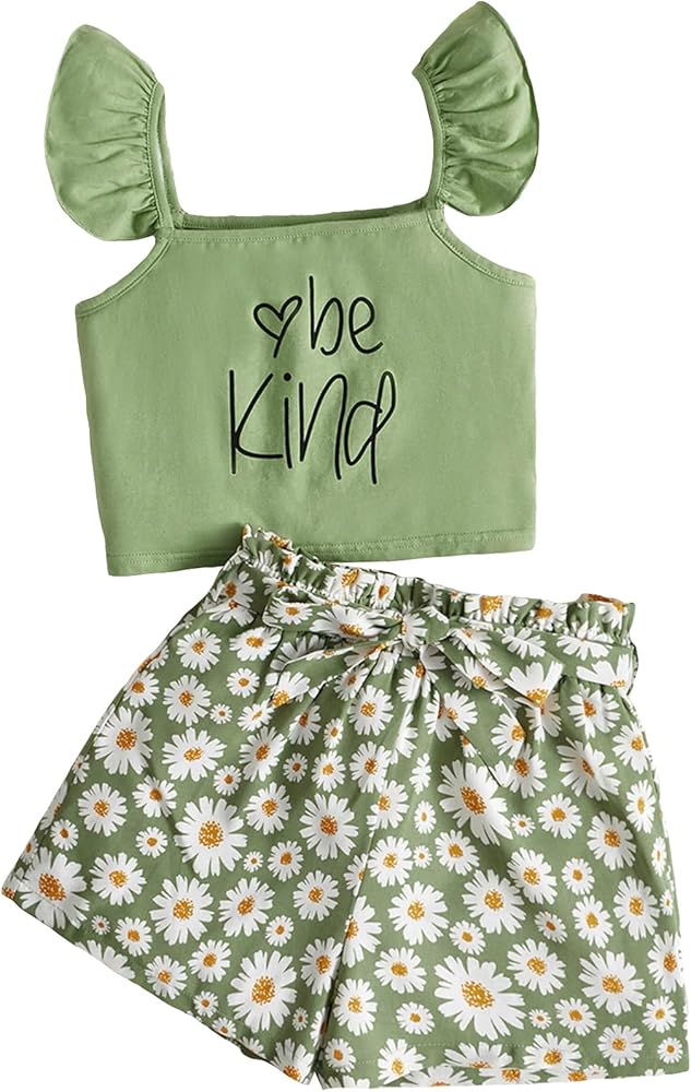 Floerns Girl's 2 Piece Outfit Graphic Ruffle Trim Top & Floral Print Belted Shorts Set