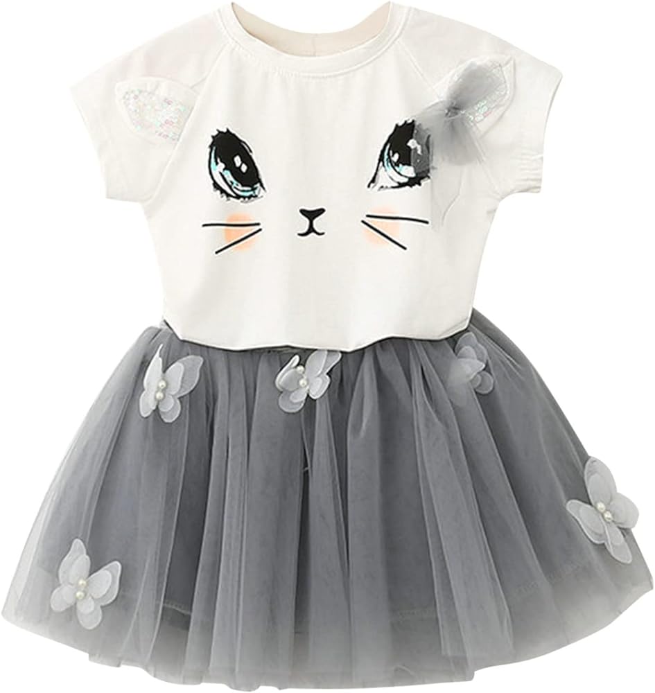 Summer Toddler Kids Girls Dress Cute Cat Short Sleeve T-Shirt Tops Ruffle Tulle Tutu Flowy Skirts 2PCS Casual Set