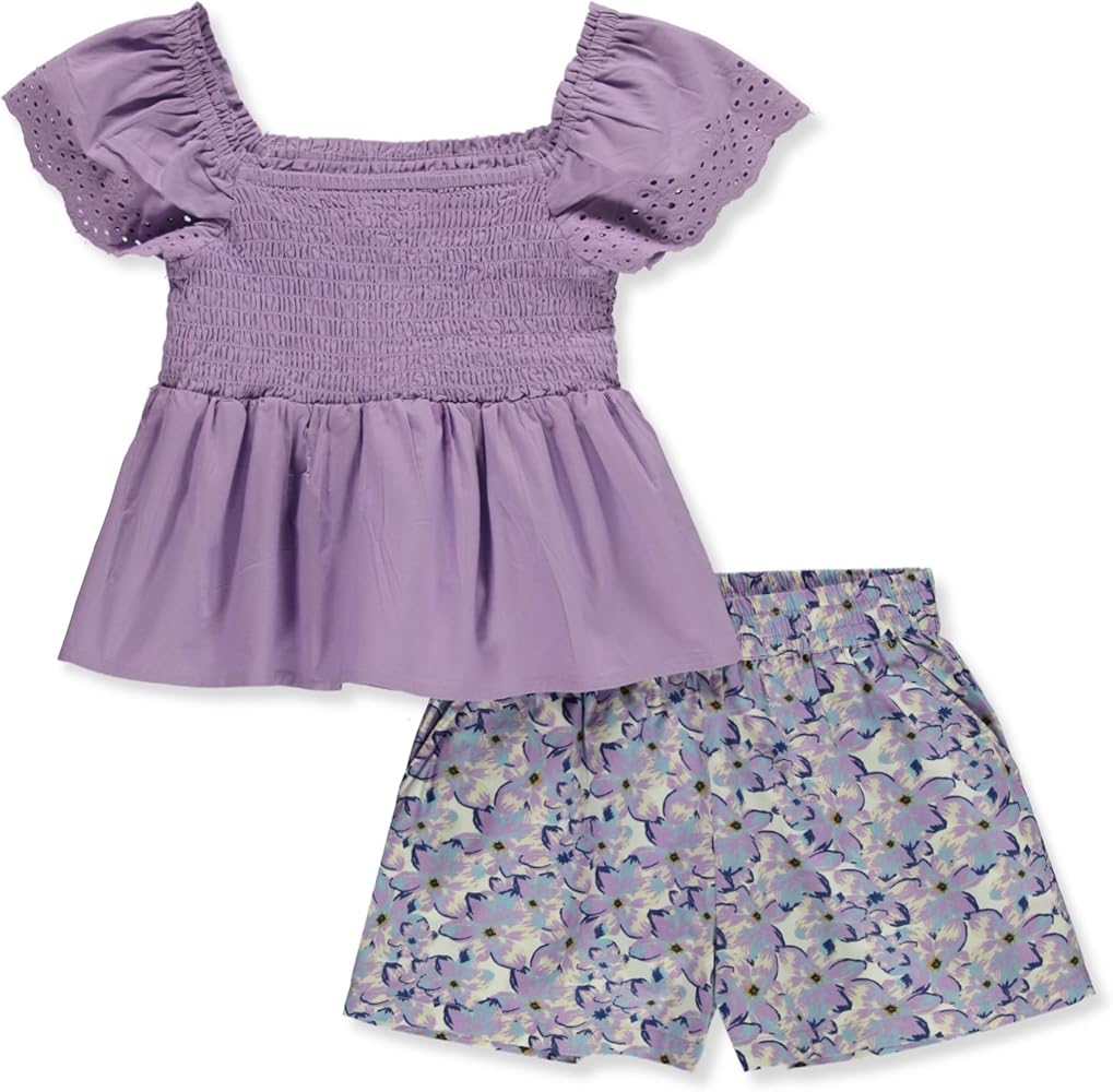 Girls' 2-Piece Floral Shorts Set Outfit - lilac, 10-12