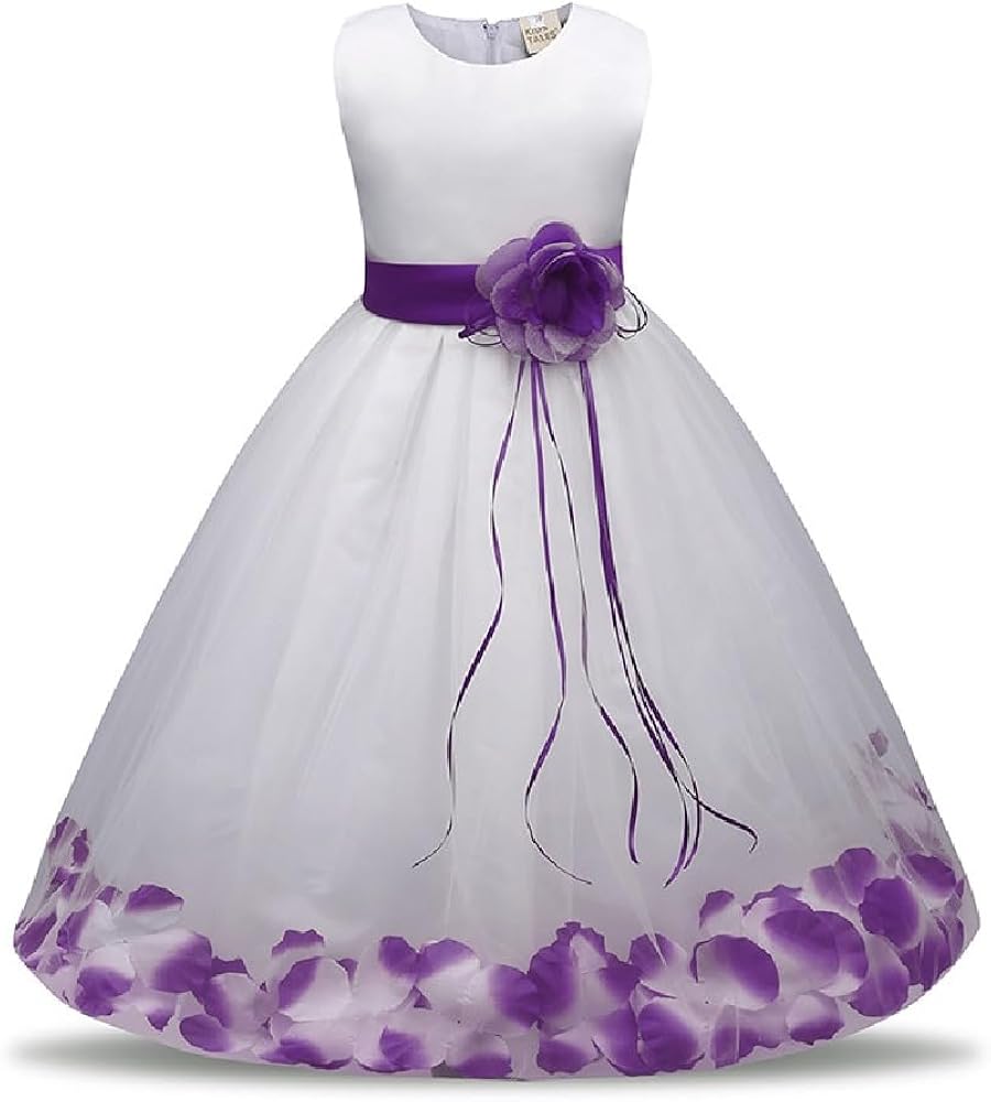 Quenny girls' dresses,flower girls' dresses decorated with petals,girls' mesh princess dresses.