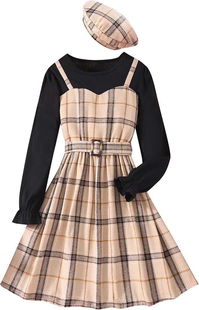 Kids Little Girls Ruffle Long Sleeve Solid Knit Top and Plaid Belted A-line Pleated Skirt with Hat