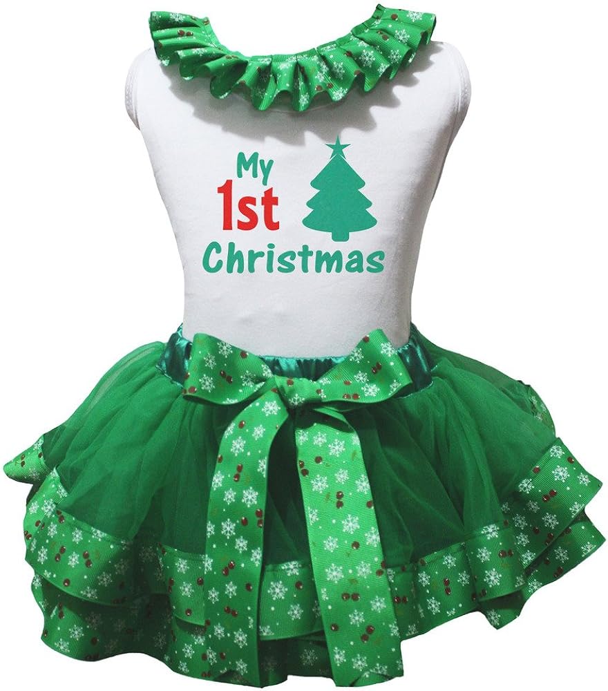 Petitebella My 1st Christmas White Shirt Snowflake Green Petal Skirt Set Nb-8y