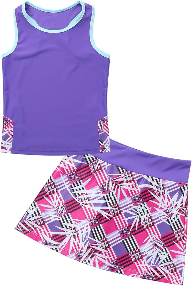 Kids Girls 2 Piece Tennis Outfit Racerback Tank Tops Training Vest and Golf Skirt with Underpants Sport Skort Set