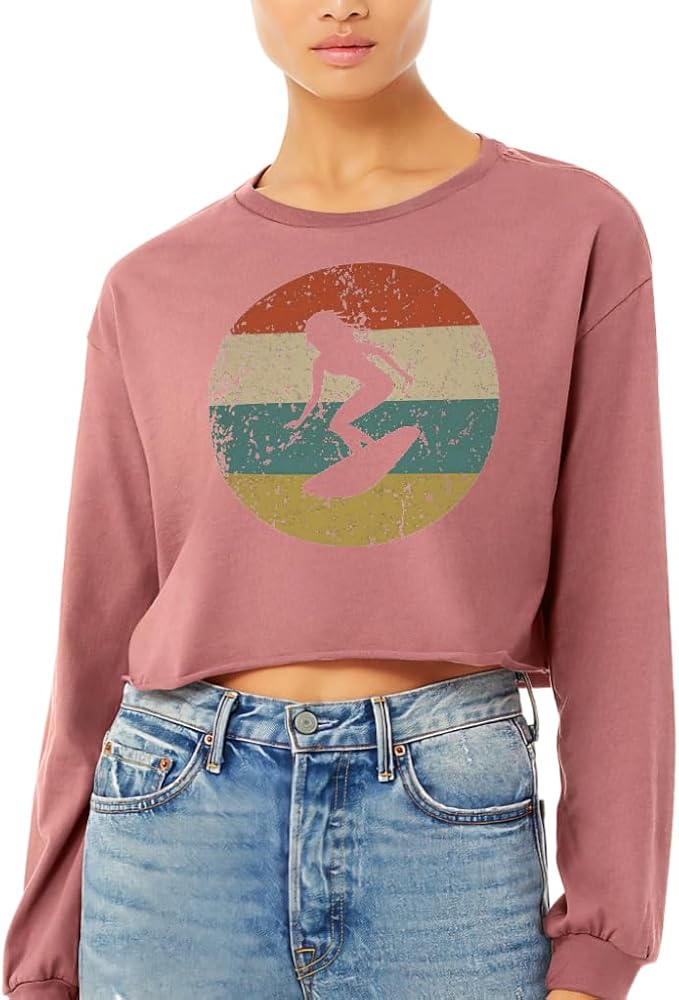 Vintage Surfer Girl Cropped Long Sleeve T-Shirt - Retro Surfing Clothing - Retro Summer Clothing