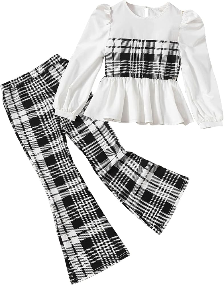 Milumia Girl's Two Piece Outfits Plaid Ruffle Hem Puff Sleeve Blouse and Flare Pants Set