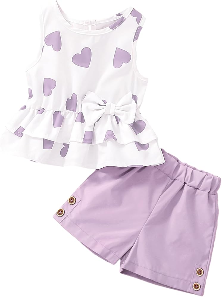 OYOANGLE Girl's 2 Pieces Outfits Heart Print Sleeveless Round Neck Bow Front Peplum Tank Top and Shorts Set