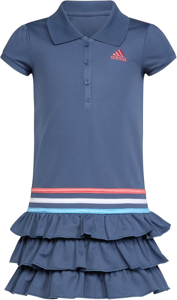 adidas Girls' Little Short Sleeve Active Polo Ruffle Dress, Navy Multi Stripe