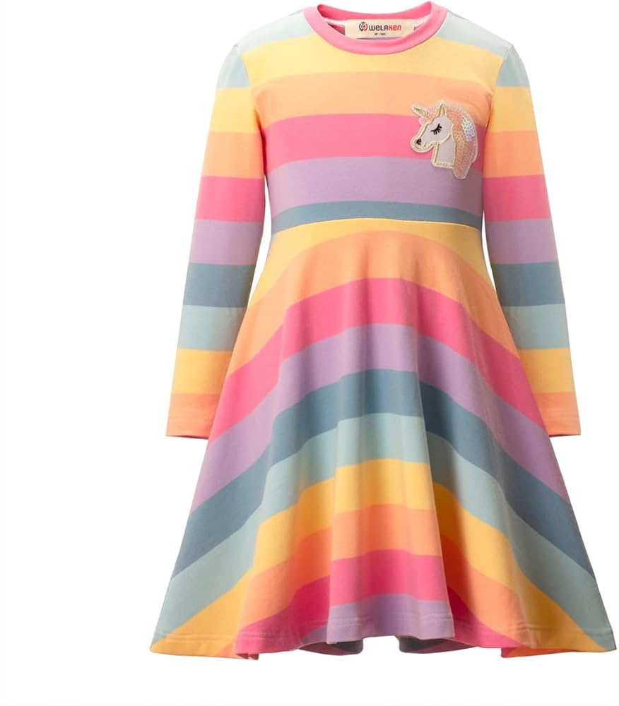 WELAKEN Cotton Sequins Unicorn Rainbow Stripes Dress for Girls Toddler & Kids II Little Girl's Long Sleeve Casual Dresses