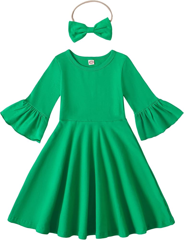 LYSMuch Toddler Girls Ruffle Bell Sleeve Dress Kids Solid Color Casual Fall Clothes Outfit