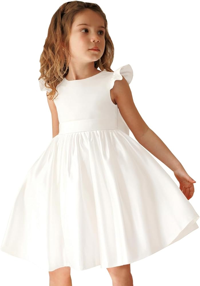 Flower Girls Dresses Short Wedding Party First Communion Dress for Girls Satin Pearls FL034