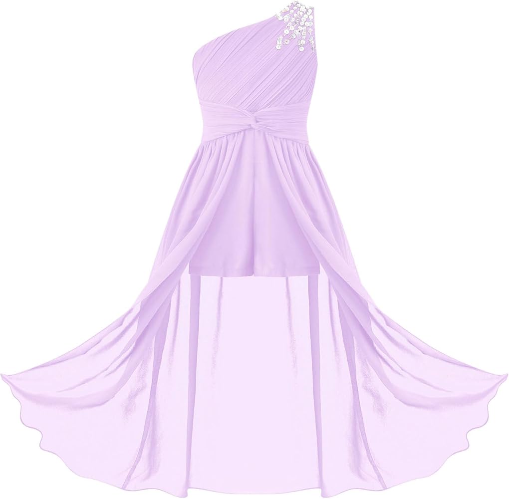 Kids Flower Girls One Shoulder Ruched Chiffon Wedding Maxi Romper Evening Gown Dance Wear